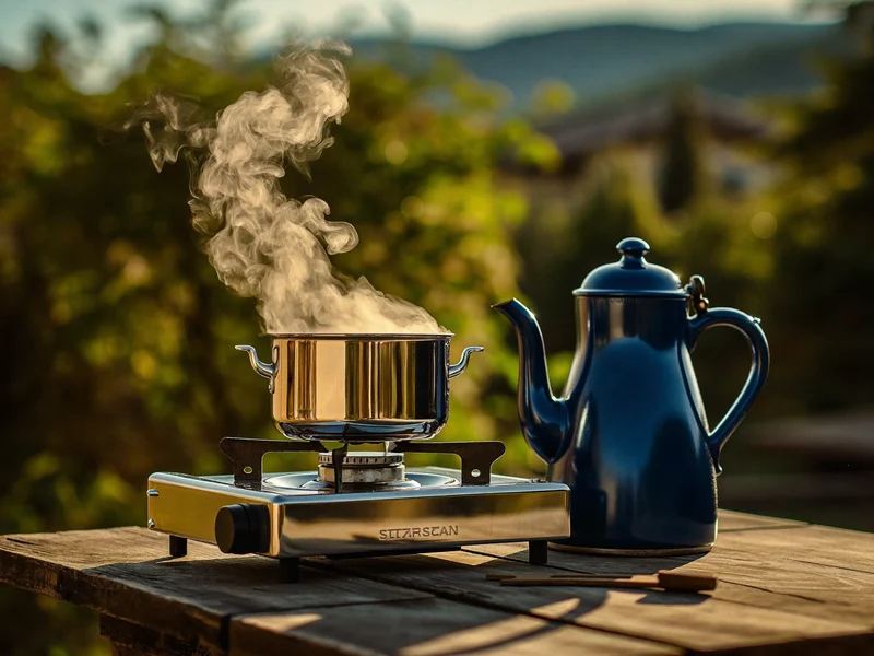 Gaskocher, Edelstahltopf und Emaille-Kaffeekanne auf rustikalem Holztisch, Dampf steigt auf